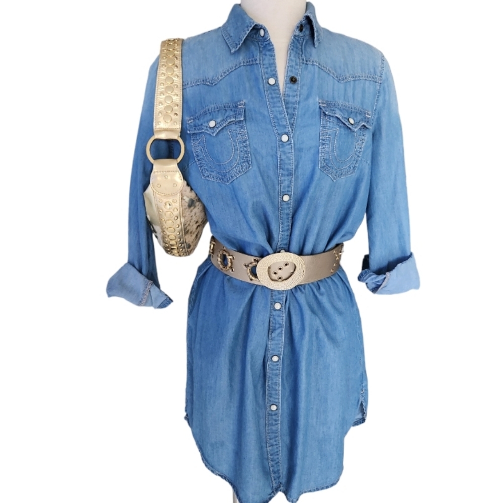 True Religion Blue Denim Distressed Mini  Dress